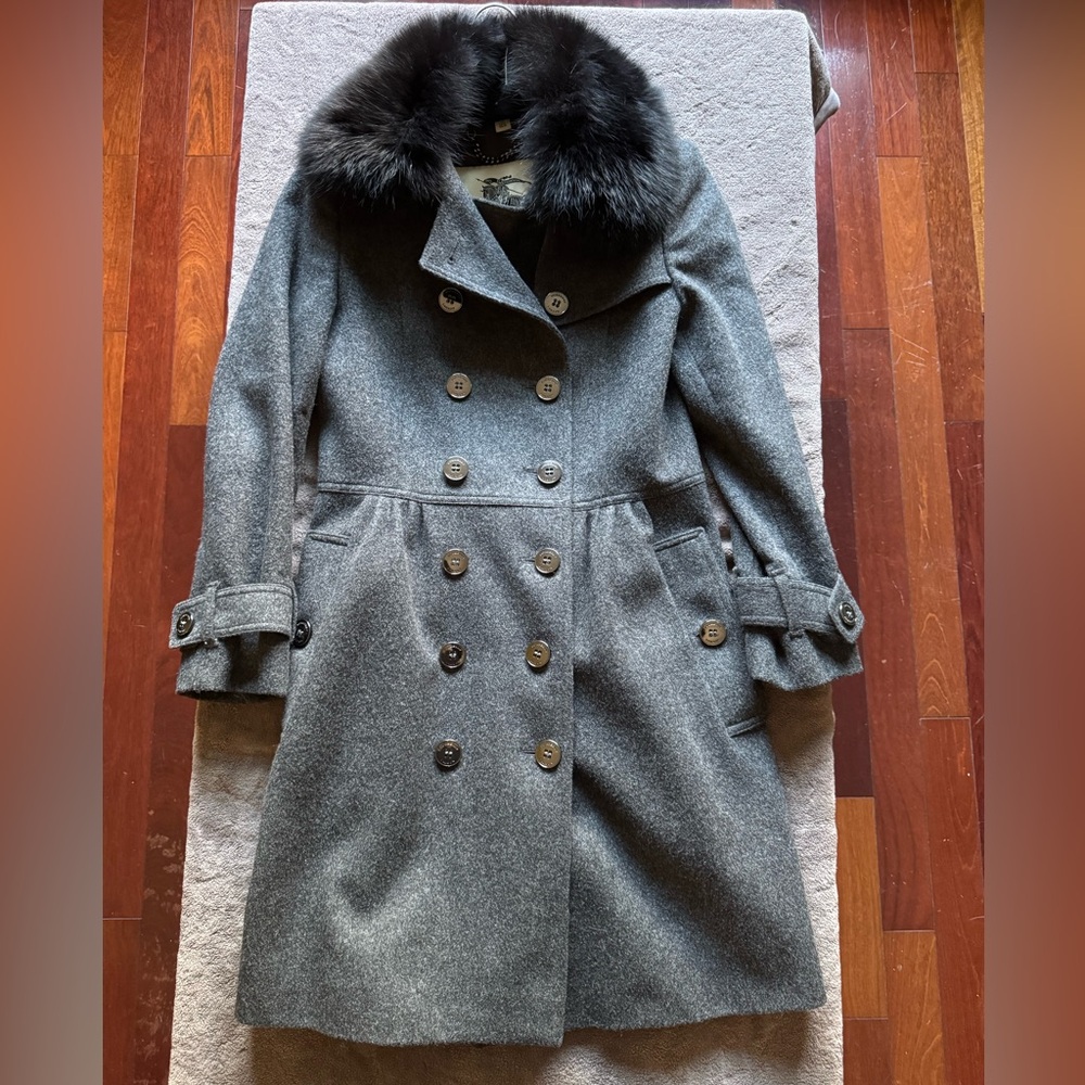 Burberry London Charcoal Pea Coat with Removable Black Fur Collar - US Size 4